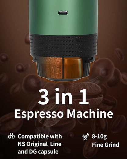 Portable Electric Espresso Machine, Travel Coffee Maker for Camping, Car, RV & Hiking, Self-Heating with Type-C, Compatible with Ground Coffee & NS Capsules, Green