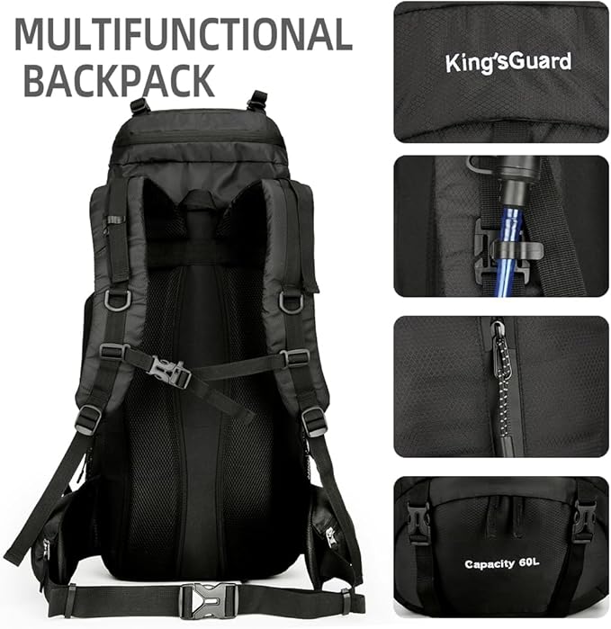 King'sGuard 60L Hiking Backpack Men Women Camping Backpack Waterproof Backpacking Mountaineering Climbing Daypack with Rain Cover (Black)