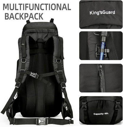 King'sGuard 60L Hiking Backpack Men Women Camping Backpack Waterproof Backpacking Mountaineering Climbing Daypack with Rain Cover (Black)
