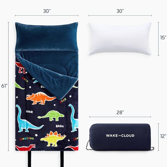 Wake In Cloud - Glow in the Dark Sleeping Bag with Pillow, Fleece Nap Mat for Toddler Kids Boys Girls, Winter Cold Weather Daycare Kindergarten Sleepover Travel Camping, Colorful Dinosaur on Dark Navy