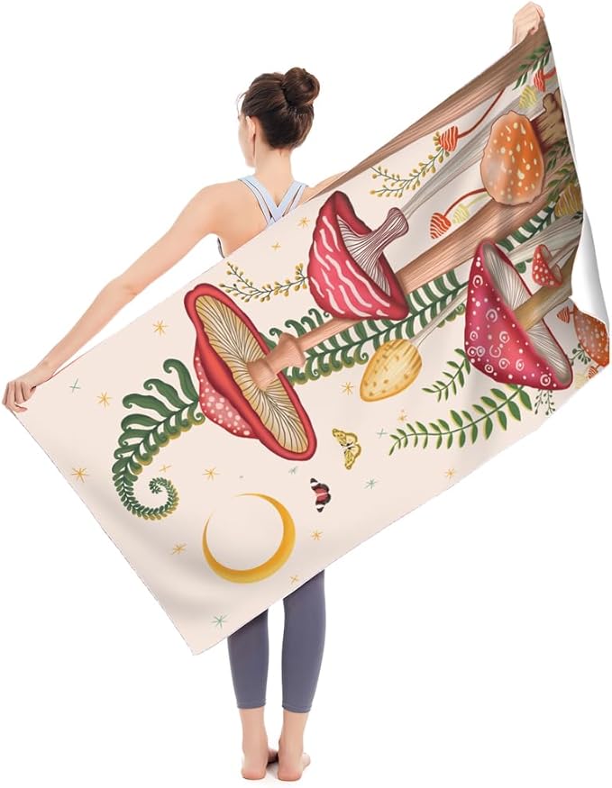 Microfiber Oversized Lightweight Terry Mushroom Beach Towel 71"x31.5" XL Extra Large Thick Sand Free Towels Travel Swim Pool Yoga Gym Camping for Women Men Beach Essentials Accessories Vacation Gift