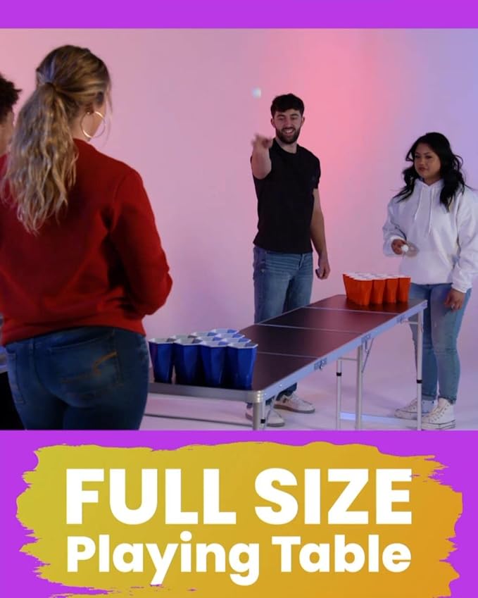 PartyPong 8-Foot Folding Pong Table w/LED Lights, Erasable Markers & Pong Balls - Black Erasable Surface
