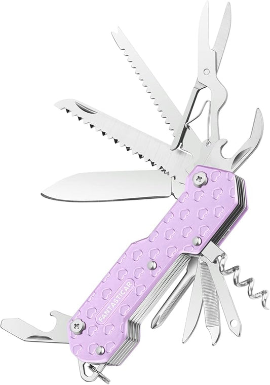 FantastiCAR 15 in 1 Multi-tool with Cute Hearts, EDC Folding Pocket Knife with Premium Gift Box for Camping, Fishing, Hunting, Survival, Outdoor (Pueple Hearts)