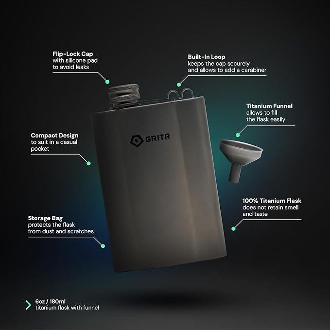 GRITR Titanium Hip Flask 6 fl oz/180 ml w/Filler Funnel & Screw Cap Clip for Camping, Hiking, Backpacking, Travel, Outdoor Events, Picnics, Parties | Ultralight Pocket Drinkware for Men & Women