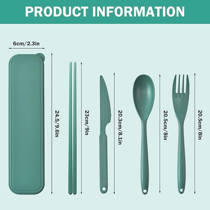 Large Reusable Travel Utensils Set with Case, Plastic Silverware Set for Adults Travel Picnic Camping, Portable Flatware Cutlery Set with Chopsticks for Daily Use(Dark Green)