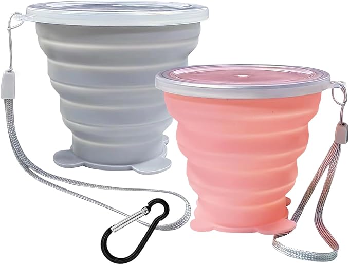 2 Pcs Collapsible Cup, Silicone Collapsible Travel Cup, Expandable Folding Camping Drinking Cup with Lids Reusable Small Portable Mugs Cup for Travel, Camping, Hiking,Outdoor Sports (Gray&Pink)