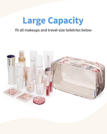 Narwey Clear Makeup Bag Cosmetic Bag with Zipper for Travel, Clear Toiletry Bags for Traveling Toiletries Women Men, Make Up Pouch with Handle, Skincare Bag (Beige Flamingo)