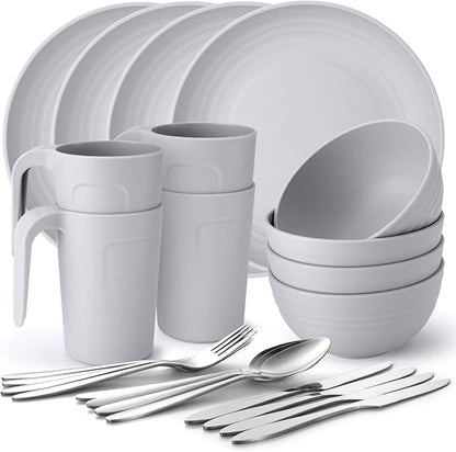 Odoland Camping Utensils Consists of Camping Plates and Bowls & Camp Mug Mess Kit for Camping 4 People to Cooking Backpacking Hiking