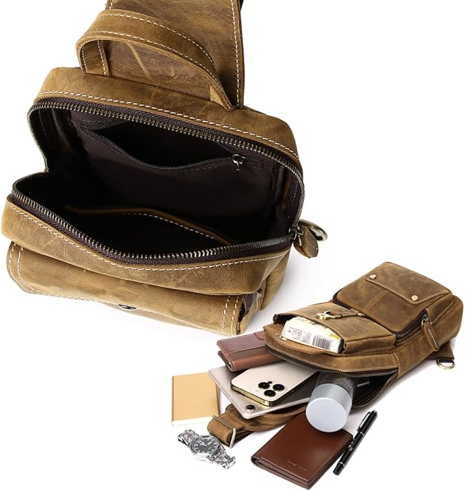 KPYWZER Sling Bag Men Women Vintage Full Grain Genuine Leather Shoulder Backpack Satchel Chest Casual Daypack Crossbody Outdoor Day Pack Backpacks Brown