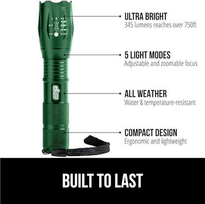 Gorilla Grip Powerful LED 750 FT Water Resistant 5 Adjustable Mode Tactical Flashlight, High Lumens Ultra Bright Battery Zoom Flashlights, Small Camping Car Mini Flash Light Accessories, 2 Pack Green