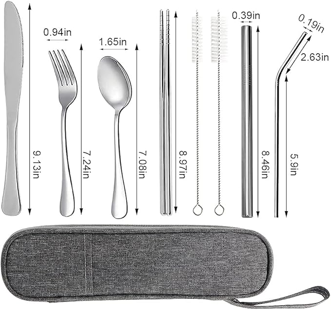 Travel Utensils with Case, Portable Travel Utensils Cutlery Set Stainless Steel Flatware Set for Camping 8pcs Including Dinner Knife Fork Spoon Chopsticks Boba Straw (Silver)