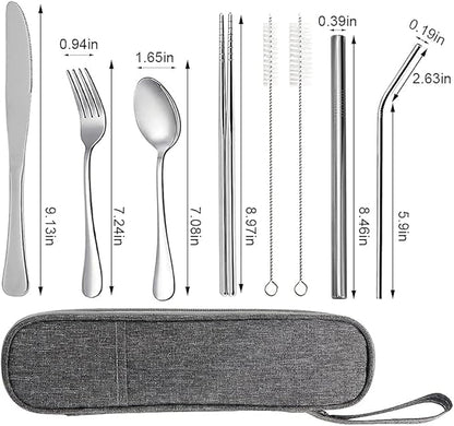 Travel Utensils with Case, Portable Travel Utensils Cutlery Set Stainless Steel Flatware Set for Camping 8pcs Including Dinner Knife Fork Spoon Chopsticks Boba Straw (Silver)