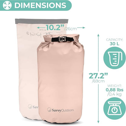 Savvy Outdoors Waterproof Dry Bag - Dry Bags for Food & Gear, Stuff Sacks for Backpacking and Camping Equipment, Waterproof Bag for Beach, Boating, Kayaking, Available in 5L, 10L, 20L, or 30L, Blush
