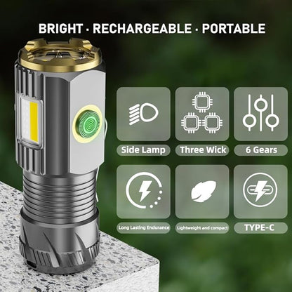 Mini LED Flashlight with Magnetic Base and Side Clip, 6 Modes, high Lumen, USB Rechargeable, IPX6 Waterproof, Best Small Flashlight for Camping, Repair and Emergencies