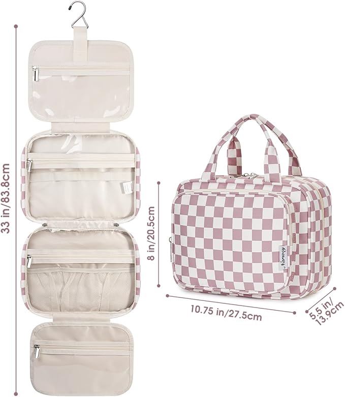 Narwey Hanging Toiletry Bag for Women Travel Makeup Bag Organizer Toiletries Bag for Travel Size Essentials Accessories Cosmetics (Dusty Rose Checkerboard (Medium))
