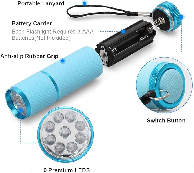 AHIER 9 LED Glow in Dark Flashlights, 12 Pack Rubber Coated Flashlights with Straps, Portable Handy Lights for Camping, Hiking, Indoor, Assorted Colors (Green+Blue+Pink+Yellow)