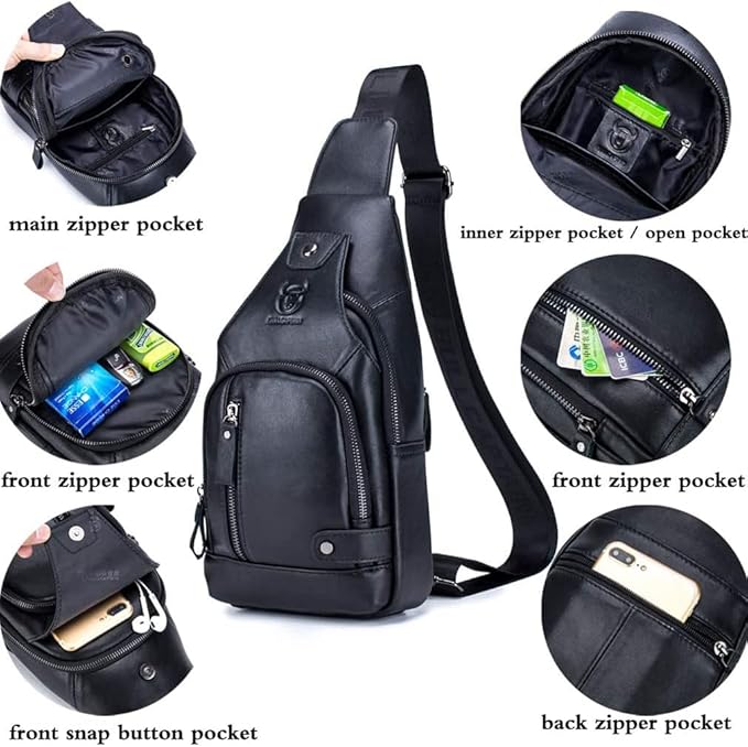 KPYWZER Genuine Leather Sling Backpack with USB Charging Port Chest Bag Outdoor Hiking Travel Daypack Black