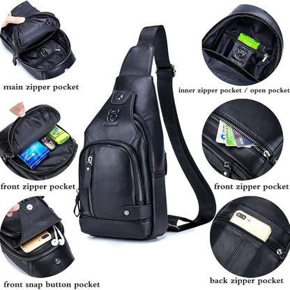 KPYWZER Genuine Leather Sling Backpack with USB Charging Port Chest Bag Outdoor Hiking Travel Daypack Black