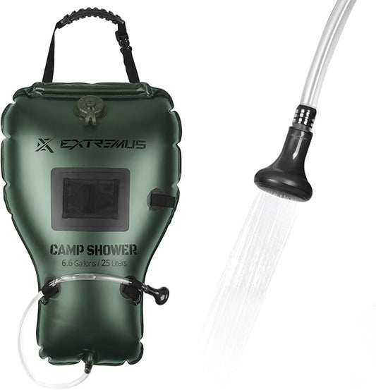Extremus Rainbow Falls Camping Shower, 6.6 Gallons/25L Camp Shower Bag, Solar Heating PVC Bladder, Built in Thermometer, Mesh Pocket, ABS Nozzle System, Portable Solar Shower for Camping