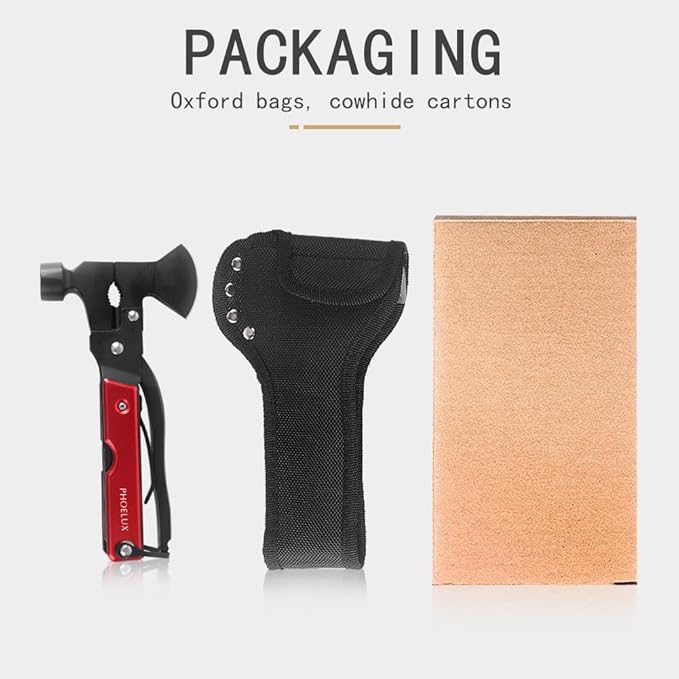 16-IN-1 Camping Multitool (Red) Axe Hammer Survival Gear with Knife, Pliers, Saw, Fish Descaler, Screwdriver, Bottle Can Opener and Nylon Sheath, Good for Outdoor, Camping and Hiking