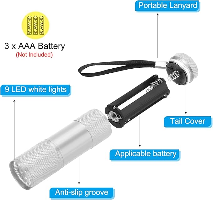 PATIKIL 9 LED Mini Flashlights, Aluminum Pocket Flashlight Torch with Lanyard for Camping, Hiking, Outdoor Emergencies, Silver Tone