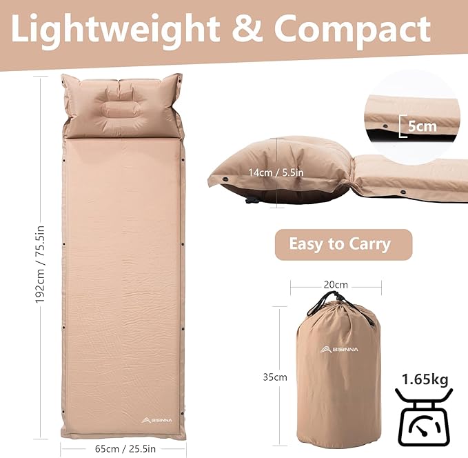 BISINNA Self Inflating Sleeping Pad Thick Foam Sleeping Mattress with Pillow for Camping Lightweight Insulated Sleeping Mat Fast Inflating for Camping Travel Car Tent 2inches