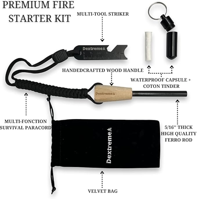 Dextreme Ferro Rod Flint Fire Starter Kit with Handcrafted Wood Handle, Coton Tinder, Transport Bag Multi-Tool Striker Paracord Lanyard for Camping Gear 12,000+ Strikes 5/16'' Thick Bushcraft Survival