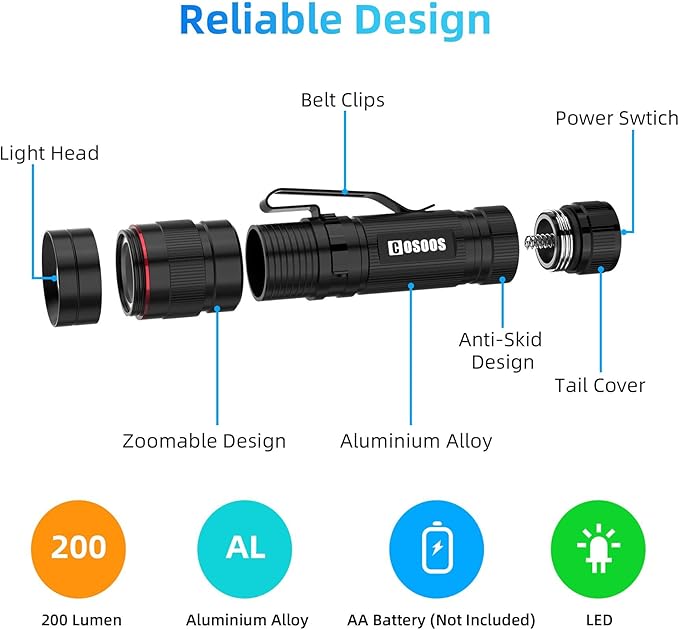 COSOOS 3 Mini LED Tactical Flashlights with Clip, 3.7inch Zoomable Bright AA Flashlight High Lumen, Pocket-Size Penlight, 1 Light Mode, Small Portable Waterproof Pen Flash Light for Camping