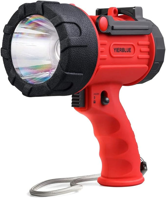 YIERBLUE Rechargeable Spotlight with 200000 Lumen LED, IP67 Waterproof Handheld Flashlight Searchlight with Detachable Red Light Filter, 10000mAh Long Running
