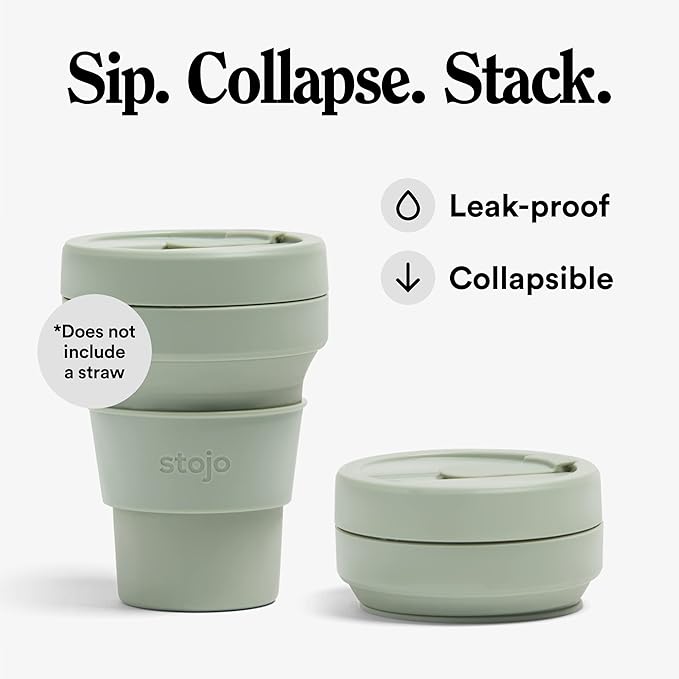 STOJO Collapsible Travel Cup - Sage Green, 12oz / 355ml - Leak-Proof Reusable To-Go Pocket Size Silicone Bottle for Hot & Cold Drinks - Camping & Hiking - Dishwasher Safe - No Straw Included