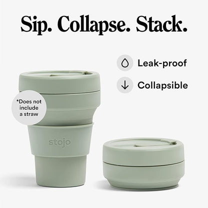 STOJO Collapsible Travel Cup - Sage Green, 12oz / 355ml - Leak-Proof Reusable To-Go Pocket Size Silicone Bottle for Hot & Cold Drinks - Camping & Hiking - Dishwasher Safe - No Straw Included