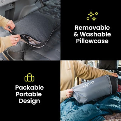Luno Camping Pillow - Travel Friendly, Packable, Shredded Memory Foam Fill Travel Pillow. Washable Removeable Cover with Dual-Sided Comfort. Designed in The USA.