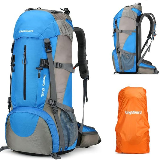 King'sGuard 70L Hiking Backpack Waterproof Camping Backpack with Rain Cover Large Lightweight Backpacking Backpack Daypack for Travel Outdoor -Frameless (Light Blue)