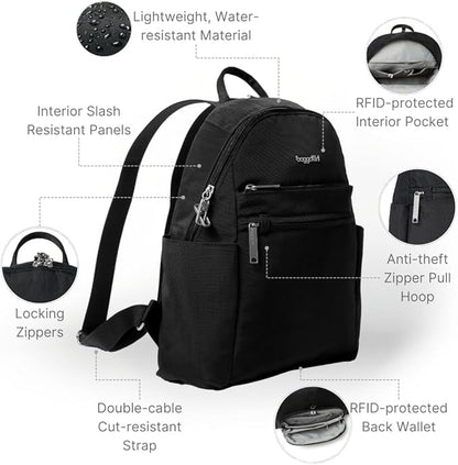 Securtex® Anti-theft Vacation Travel Backpack 10x13" Slash-Resistant Nylon Daypack w/RFID, Black
