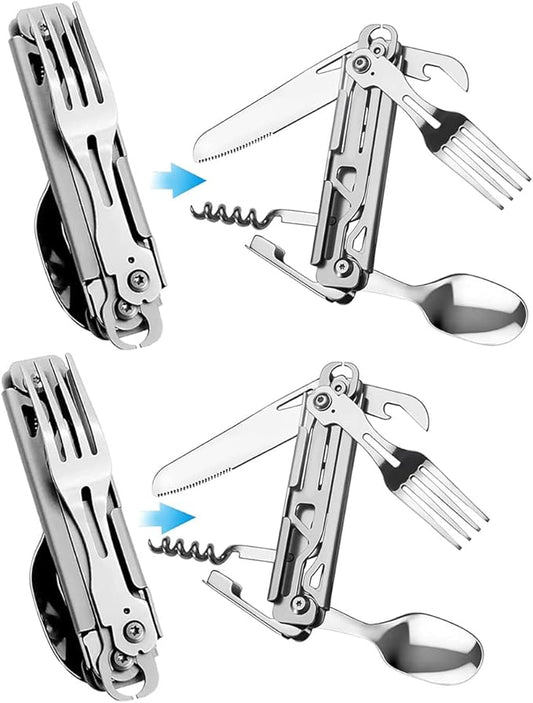 HONZIN Camping Utensil Set 5-in-1 Multi Functional Folding Flatware Set, Pocket Utensil Set Portable Detachable Stainless Steel Knife Spoon Fork Bottle Opener, Can Opener Combo Set with Carrying Bag