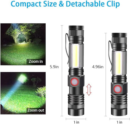 iToncs LED Rechargeable, 2000 Lumens Super Bright Magnetic Flashlight with COB Work Light, Waterproof, 4 Modes, Pocket Tactical Flashlights for Outdoor Camping Emergency 2 Packs