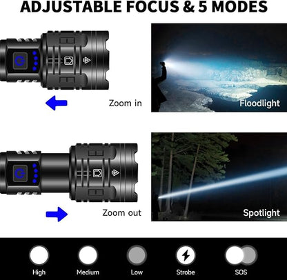 Rechargeable Flashlights 900,000 Lumens, Super Bright LED Flashlight High Lumens with USB Cable, 5 Modes Waterproof Flashlight Powerful Flash Light for Camping, Black