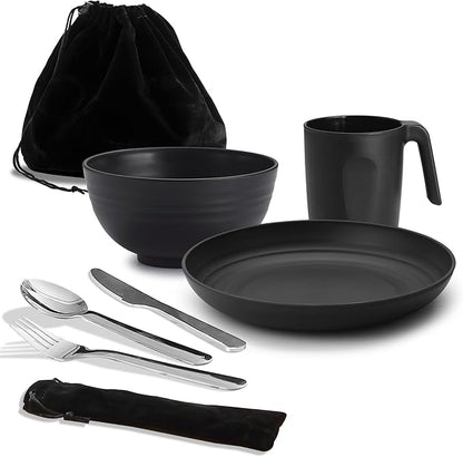 Camping Utensils, Reanea amping Mess Kit for Travel, Camping, Picnic, Outdoor, Camping Gear Include Knife, Spoon, Fork Cutlery Set, Cup, Bowl, Plate, Camping Essentials for 1
