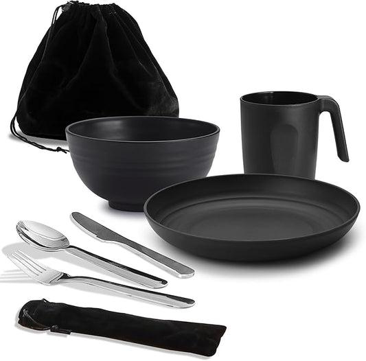 Camping Utensils, Reanea amping Mess Kit for Travel, Camping, Picnic, Outdoor, Camping Gear Include Knife, Spoon, Fork Cutlery Set, Cup, Bowl, Plate, Camping Essentials for 1