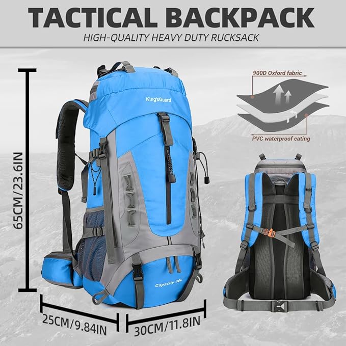 King'sGuard 60L Hiking Backpack Lightweight Camping Backpack with Rain Cover Large Waterproof Packable Outdoor Trekking Travel Backpack for Men Women (Blue)