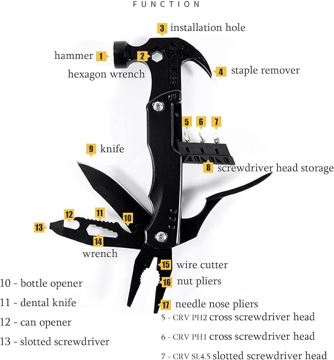 1X Survival Tools Gadgets Multitool Hammer, Father's Day Gifts Birthday Present for Men Dad Boy Grandpa, 14 in 1 DIY Survival Gadget Kit Tool Camping Backpacking Accessories