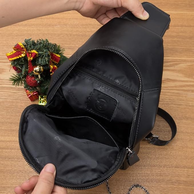 Vintage Genuine Leather Sling Bag Backpack for Men Crossbody with Cellphone Stand Chain Chest Shoulder Crossbody Daypack Black