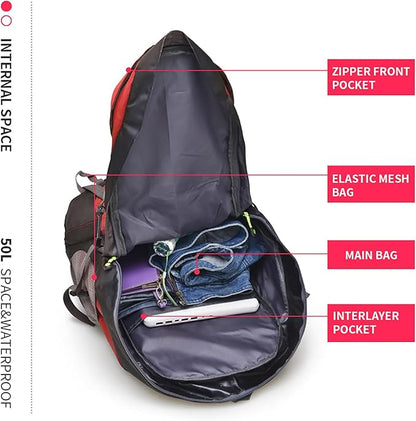 Bseash 50L Hiking Backpack, Water Resistant Lightweight Outdoor Sport Daypack Travel Bag for Camping Climbing Touring (Red - No Shoe Compartment)