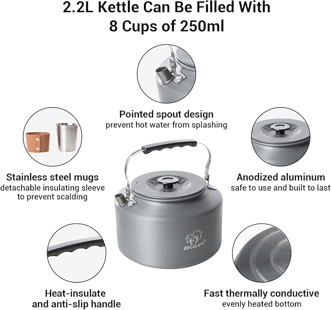 Bulin 2.2L Camping Kettle Set with 4 Cups Lightweight Aluminum Camp Tea Coffee Pot with 4 Stainless Steel Cups for Outdoor Camping Cookware Hiking Backpacking Kitchen Campfire and Picnic, Carrying Bag