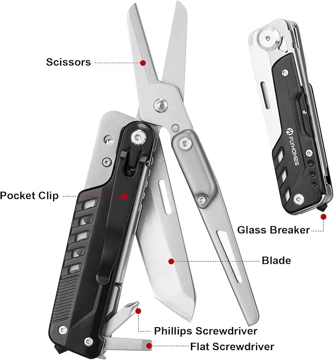 FLYHOMES Multitool Knife, 6-in-1 Multitool with Scissors and Pocket Clip, Gift for Men, Professional Multi-tool for Camping, Survival Tools, and Outdoor Adventures