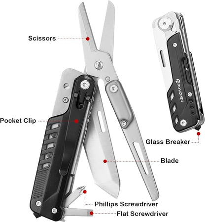 FLYHOMES Multitool Knife, 6-in-1 Multitool with Scissors and Pocket Clip, Gift for Men, Professional Multi-tool for Camping, Survival Tools, and Outdoor Adventures