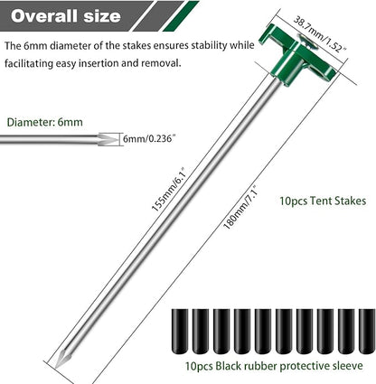 10PCS Tent Stakes Heavy Duty Camping Tent Stakes 7Inch Non-Rust Metal Tent Pegs with 10pcs Rubber Protective Sleeve (Green)