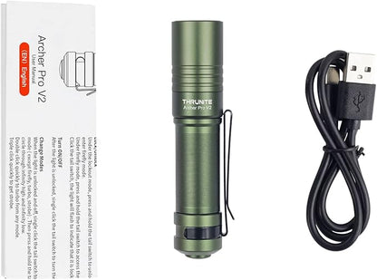 ThruNite Archer Pro V2 EDC Flashlight - 950 Lumens, USB-C Rechargeable, Tail Switch LED Penlight for Camping, Outdoor & Emergency - Cool White (Dark Green)