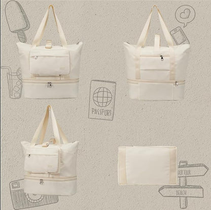 Gym Bag, Foldie Travel Bag Expandable, Duffle Bag, Canvas Tote Bag with Yoga Mat Strap and Shoes Compartment Wet Pocket
