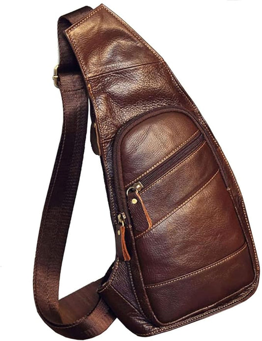KPYWZER Genuine Leather Sling Backpack for Men Women Crossbody Shoulder Chest Bag Day Pack Outdoor Travel Camping Tactical Daypack Brown